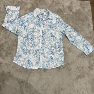 Chico’s‎ Women Floral Button-Up Shirt Blue White Sheer Long Sleeve Blouse Size L